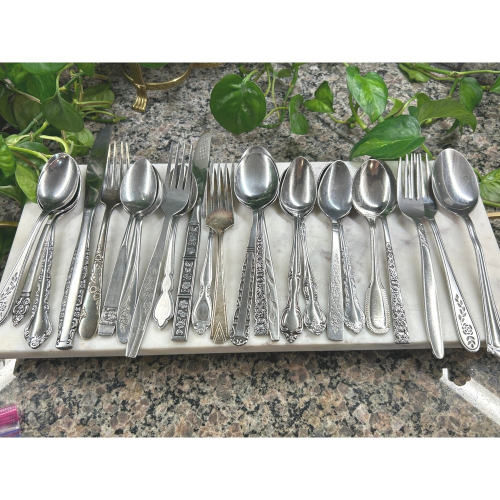 24pc Mixed Damaged Stainless Flatware Lot for Crafting Jewelry Floral Patterns
